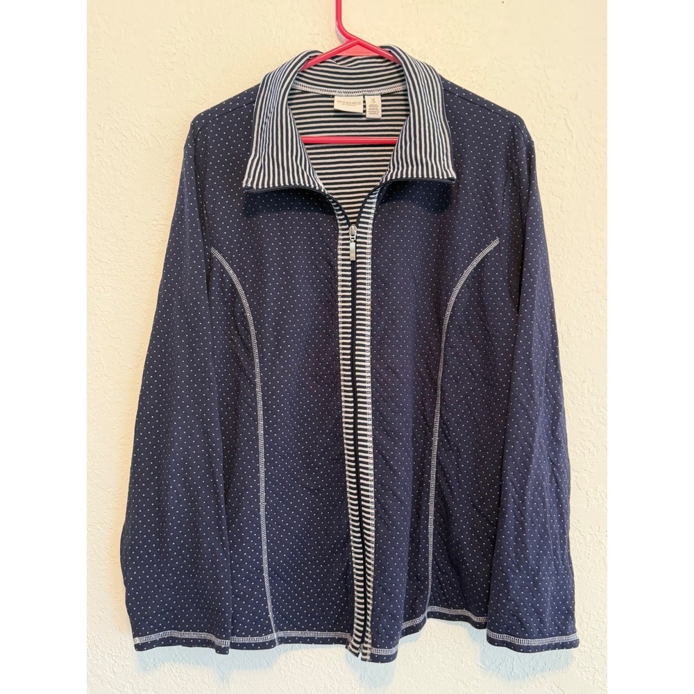 Weekends by Chico's Navy Blue Polka Dot Striped Full Zip Jacket Size 3 XL